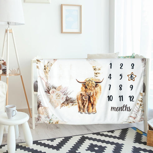 Boho Floral Baby Monthly Milestone Blanket Neutral Bohemian Photo Prop Blanket Personalized Highland Cow Baby Present Pampas Grass Ideas for Baby ...