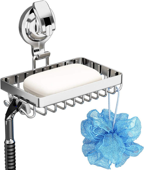 Soap Holder Shower, Suction Cup Soap Dish for Shower with 4 Hooks, 304 Stainless Steel, Silver...
