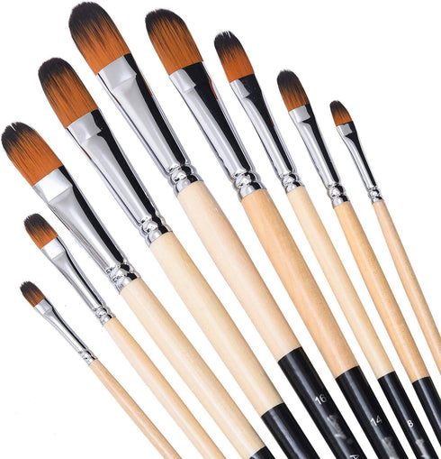 Artist Filbert Paint Brushes Set,9 Pcs Professional Painting Kits with Long Handle Soft Nylon Hair Filbert Brushes for Acrylic Oil Watercolor Goua...