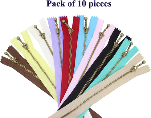 Beaulegan Metal Zippers 10 Pcs - #3 Antique Brass Close-end 7.9 Inch (20 cm), Assorted Color...