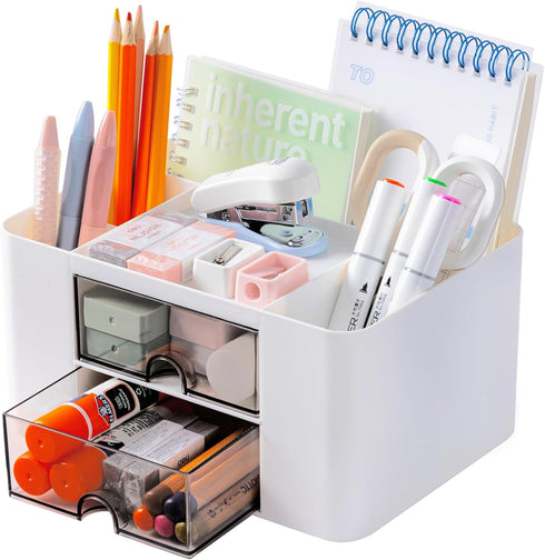 Desk Organizer with 2 Drawers, Pencil Pen Holder for Desk, Cute Desk Accessories with Plastic, Office Supplies for Countop, White...