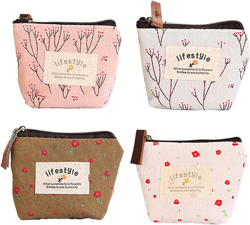FuninCrea Small Coin Purse, 4 Pack of Different Cute Flower Patterns Canvas Coin Purse with Smooth Zip Mini Wallet for Storing Coin, Credit Card, ...