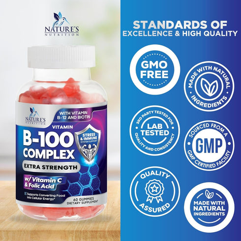 Super B Complex Gummies with Vitamin C & Folic Acid, Extra Strength Vitamin B Gummy Supplement with Niacin, B6, Folic Acid, B12, Biotin, Nature's ...