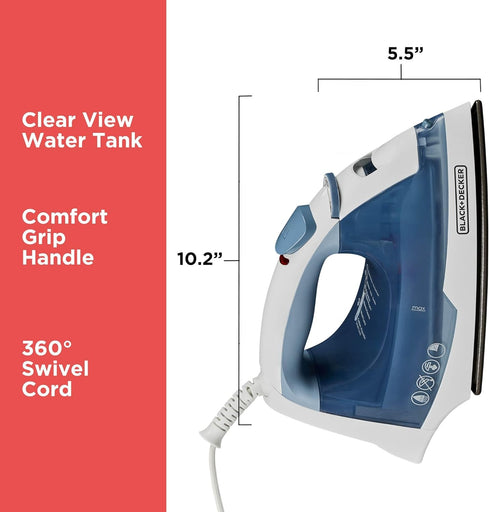 BLACK+DECKER Easy Steam Compact Iron for Clothes, Automatic Shutoff, Nonstick Plate, Light Weight, 1200 Watts...