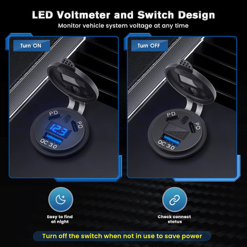 12V Type C USB Outlet 45W PD and 18W QC3.0 Quick Car Charger Socket with Voltmeter Switch Fast Charger Socket Power Waterproof 12V / 24V Marine Bo...