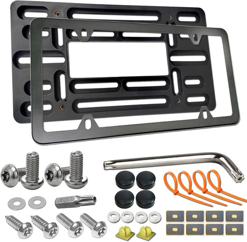 Aootf Front License Plate Bracket- Universal Bumper Mounting Kit, Car Tag Holder Adapter & Black Aluminum Plate Cover, Anti-Theft Lock Screw Bolt ...