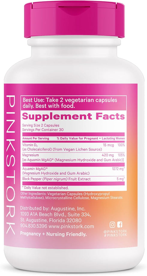 Pink Stork Magnesium Supplement for Women with Vitamin D - Mood, Natural Calm & Energy Levels - Digestion, Heartburn, & Constipation Support for P...