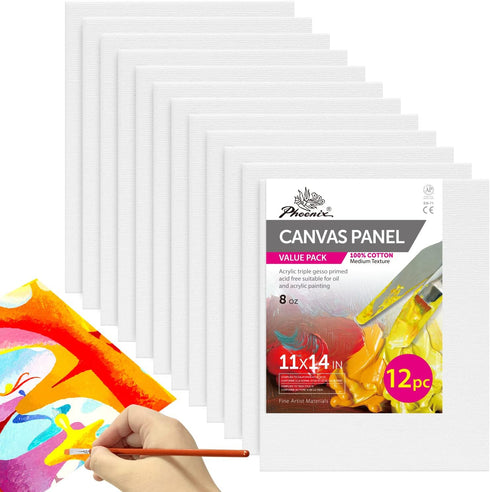 PHOENIX Painting Canvas Panels 11x14 Inch, 12 Value Pack - 8 Oz Triple Primed 100% Cotton Acid Free Canvas Boards for Painting, White Blank Flat C...