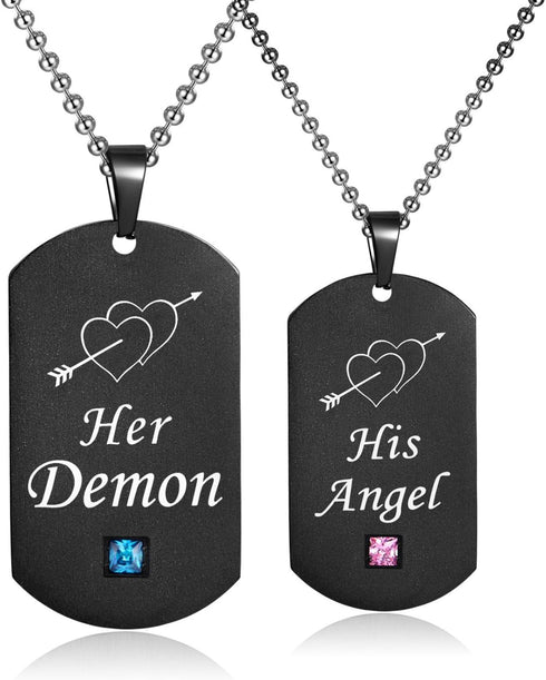 His Angel Her Demon Couple Pendant Necklaces His & Hers Matching Set Titanium Stainless Steel Couple Pendant Necklace Engraved Jewelry Set, Perfec...