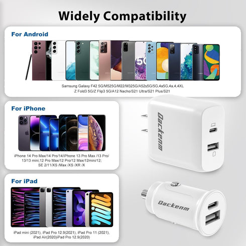 65W USB C Dual Port Fast Wall Charger Block, Car Charger Fast Charging + 2pcs 6.6FT Cable + 60W Dual USB C Car Lighter Charger for iPhone 15/15 Pl...