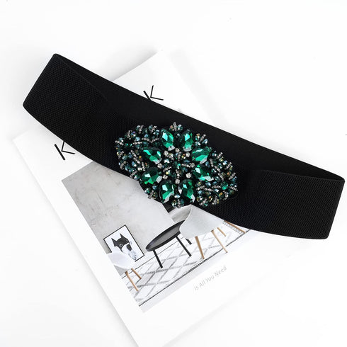 E-Clover Fashion Floral Rhinestone Buckle Women's Elastic Waist Cinch Belt for Dress for Waist Size 25''-32''...