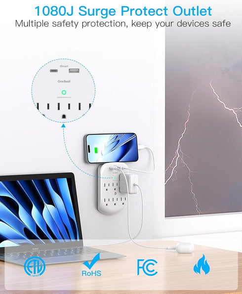 2 Pack Surge Protector Outlet, Multi Plug Outlet Adapter with 6 Wall Outlets 2 USB Wall Charger (1 USB C Port), Wall Outlet Extender, Multiple Out...