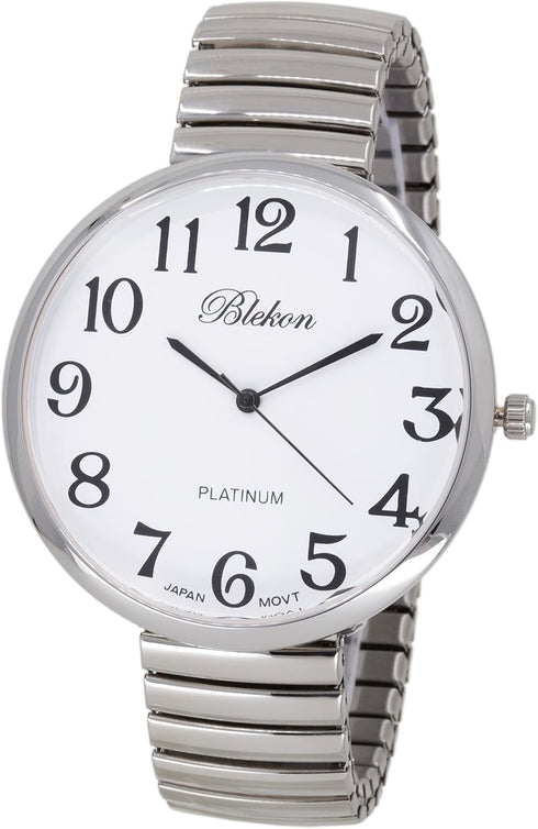 Blekon Collections Silver Super Large White Face Case Size 43mm EXTRA LARGE Stretch Band Japanese Movement PC21J Fashion Watch...