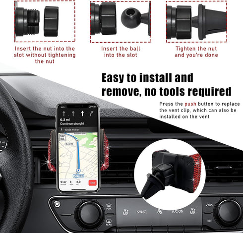 Bling Car Phone Holder, 360 Degree Adjustable Crystal Auto Dashboard Air Vent Cell Phone Mount, Universal Car Phone Holder Mount for Windshield Da...