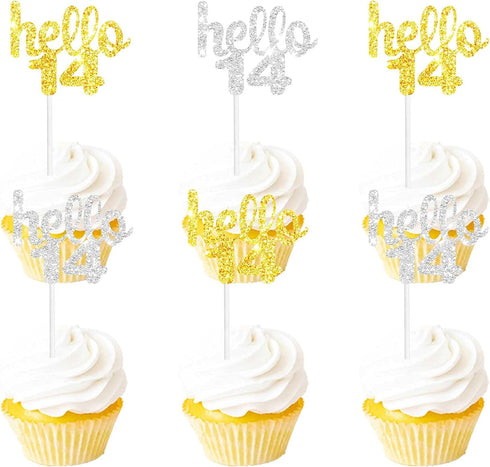 18PCS Hello 14th Cupcake Topper Picks for Happy Birthday Party Cheer to 14 Years Old Theme Party Decoration Supplies Celebrating Anniversary Gold ...