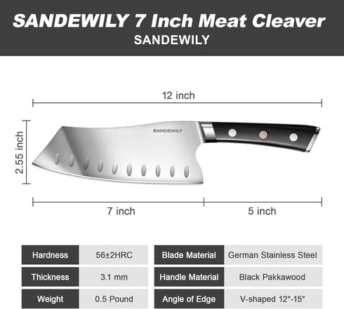 Meat Cleaver Chef Knife,7-in Ultra Sharp Kitchen Knife,Slicer Knife Cooking Knife Vegetable Knife,German HC Stainless Steel,Full Tang Wood Handle,...
