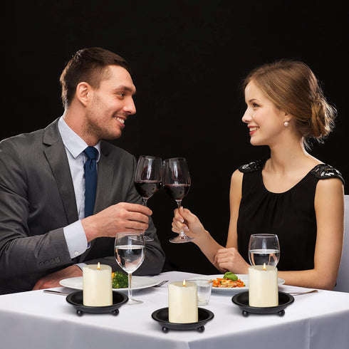 4 Pieces Matte Black Iron Candle Plate Decorative Saucer Style Candle Holder Tray Metal Pedestal Candle Stand for Christmas Table Centerpiece Wedd...