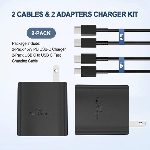 45W USB-C Charger, 2-Pack Samsung Super Fast Charger Type C Wall Charger for Samsung Galaxy S23 Ultra/S23+/S23/S22 Ultra/S22/S22+/S21/Note 20/Note...
