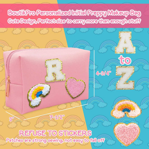 Personalized Inital Preppy Makeup Bag Set with Zipper, Monogram Waterproof Travel Cosmetic Bag for Women, Cute Preppy Patch Toiletry Bag for Trave...