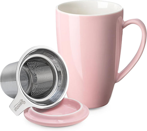 Sweese 15 OZ Porcelain Tea Mug with Infuser and Lid, Loose Leaf Tea Cup, Gifts for Tea Lover, Pink...