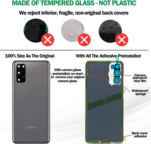 Galaxy S20 Rear Back Glass Cover Replacement with All The Adhesive+Pre-Installed Camera Lens+Installation Manual+Repair Tools for Samsung Galaxy S...