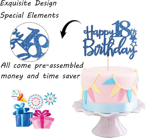 Royal Blue Glitter Happy 18th Birthday Cake Topper - 18 Sign Cake Topper - Cheers to 18 Years Party Supplies - 18th Birthday Party Decorations...