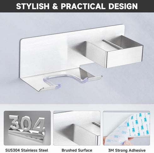 Hair Dryer Holder Wall Mounted, Blow Dryer Holder Stainless Steel, Adhesive Blow Dryer Holder, Hair Straightener Holder Curling Iron Holder Hair T...