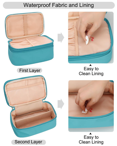 Relavel Travel Makeup Bag, Compact Cosmetic Bag for Women, Waterproof Makeup Brush Holder Organizer with Adjustable Dividers (Blue)...