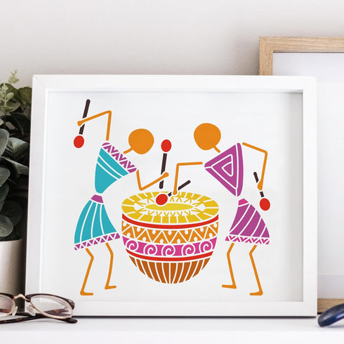 FINGERINSPIRE Warli Art Painting Stencil 11.8x11.8inch Tribal People Drumming Stencil Tribal Art Stencil Decorative Tribe Theme Plastic Stencil fo...