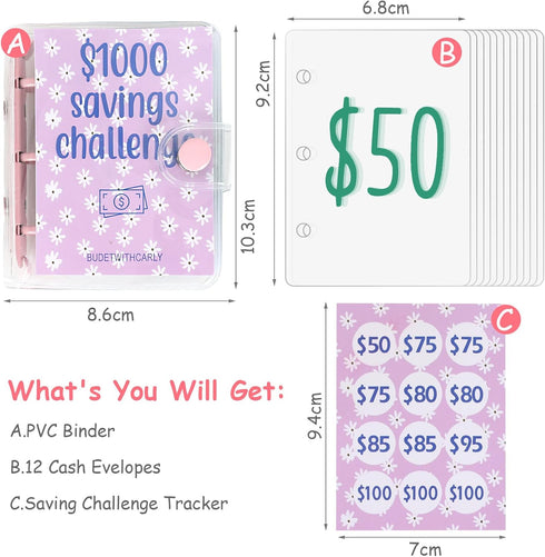 $1000 Savings Challenge Binder Money Saving Challenge Mini Budget Binder with Cash Envelopes Reusable Budget Book with Cash Envelopes Envelope Sav...