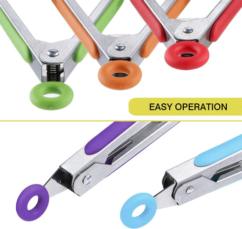 MSY BIGSUNNY Kitchen Food Tongs - 7" Mini Silicone Serving Tongs - Set of 6 (purple red orange green yellow blue)...