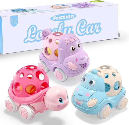 Pink Toy Car for Baby Girl Gifts, Push Toys Wind Up Cars for Toddler Girls, Rattle Cars for Babies, Pink Trucks for Toddlers 1-3 Infant Girls, Sof...