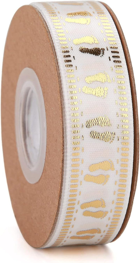 40 Yards Baby Shower Ribbon Welcome Baby White and Gold Ribbon Assorted Foot Print Ribbons for Crafts Cake Birthday,Gift Wrapping, Party Decoratio...