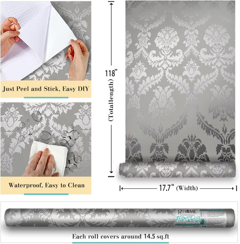 8359 Silver Damask Peel and Stick Wallpaper 17.7 in × 9.8ft Removable Self Adhesive Contact Paper Vinyl Film for Furniture Renovation and Home Dec...