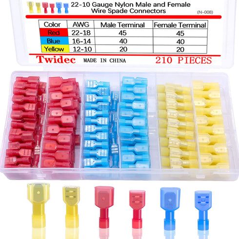 Twidec/210PCS Nylon Spade Connectors Kit 22-10 Gauge Male and Female Wire Spade Terminal Quick Disconnect Fully Insulated Wire Crimp Connector for...