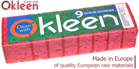 Pink Multi Use Scrub Sponges. Made in Europe. 9 Pack, 4.3x2.8x1.4 inches. Odorless Heavy Duty & Non Scratch Fiber. Durable and Delicate Scrubber f...