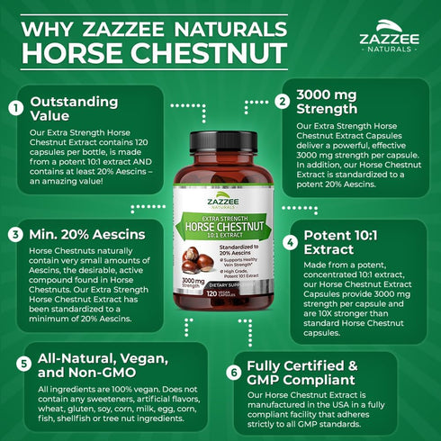 Zazzee Extra Strength Horse Chestnut 10:1 Extract, 3000 mg Strength, 20% Aescins, 4 Month Supply, 120 Vegan Capsules, Concentrated and Standardize...