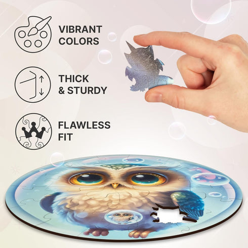 UNIDRAGON Original Wooden Jigsaw Puzzles for Kids Ages 3-5 — Bubblez Owl — 30 Pieces Puzzle Round Shape 9.8×9.8 Inches Toddler Kids Activities Tin...