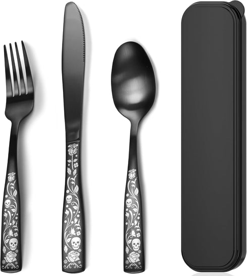 Portable Travel Utensils Set with Case, Reusable Camping Silverware, 18/0 Stainless Steel Flatware for Adult Work Lunch Picnic Unique Skull Rose, ...