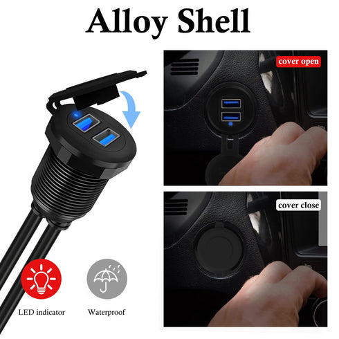 BATIGE Alloy Dual Port USB 3.0 Car Dashboard Flush Mount Cable, Male to Female with LED Indicator Extension Cable for Car Truck Boat Motorcycle Da...
