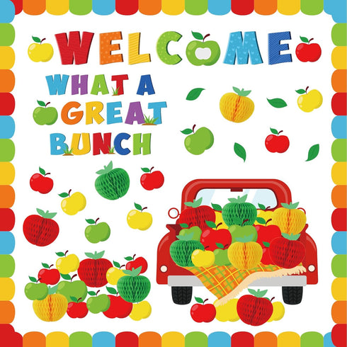 94Pcs Apple Bulletin Board Decoration Set Motivational Fruit Cut-Outs Welcome What A Great Bunch Red Truck Cut Out Apple Honeycomb Balls Border Tr...