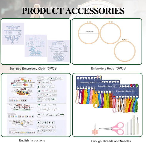 KAHEAUM Embroidery Kit for Beginners Adults Flowers Cross Stitch Kits for Kids Gift,3 Sets Design Embroidery Patterns Cloth Starter with Floss Thr...