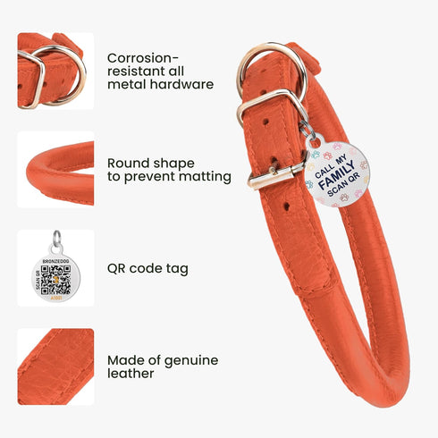 Rolled Leather Dog Collar Soft Round Collars, ID Tag for Small Medium Large Dogs (16-20 inch, Orange & Silver Buckle)...