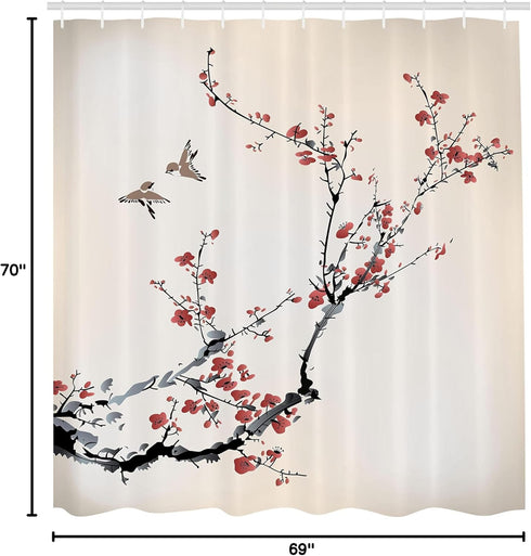 Ambesonne Nature Shower Curtain, Flowers Buds Birds with Cherry Branches Style Art Painting Effect, Cloth Fabric Bath Decoration for Bathroom Hous...