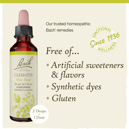 Bach Original Flower Remedies, Clematis for Focus and Concentration, Natural Homeopathic Flower Essence, Holistic Wellness and Stress Relief, Vega...