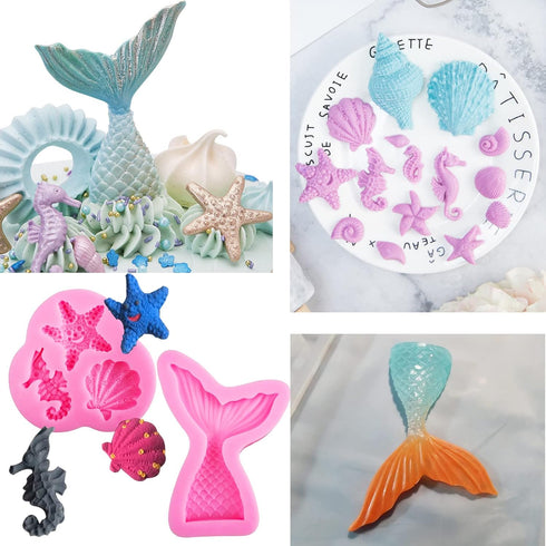 Mermaid Molds Silicone Fondant Molds Marine Theme Chocolate & Polymer Clay Candy & Soap Molds Mermaid Tail Seashell Coral Turtle Starfish Seahorse...
