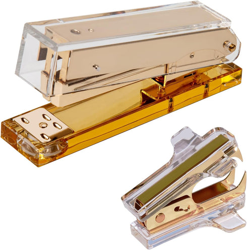 Modern Acrylic Office Supplies Set - Stapler, Tape Dispenser, and Staple Remover - Transparent Acrylic with Gold Hardware - Contemporary Style - I...