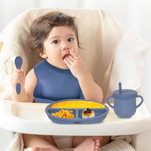 100% Silicone Baby Feeding Set,BPA Free Baby Dishes Set with Suction Bowl Divided Plate,Toddler Self Feeding Dish Set with Spoons Forks Sippy Cup ...