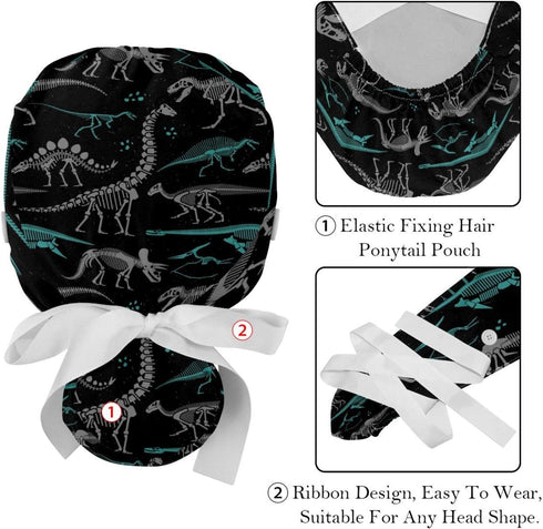 2 Pack Scrub Caps for Women, Ponytail Holder Nurse Hats for Long Hair, Dinosaurs skeleton...
