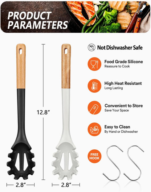 Silicone Pasta Fork, Kitchen Heat Resistant Noodle Spoon Server, BPA Free Spaghetti Strainer,12.8 inch (Black & White)...